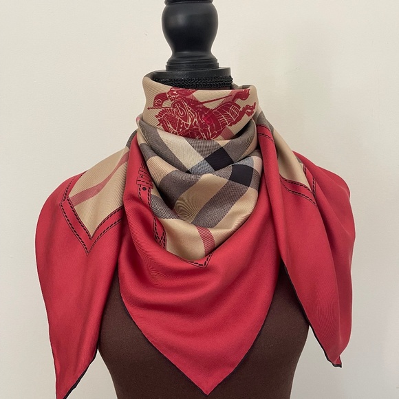 Display # 1 Burberry Scarf House Check Beige Red Border Logo Silk Wrap - Picture 1 of 16
